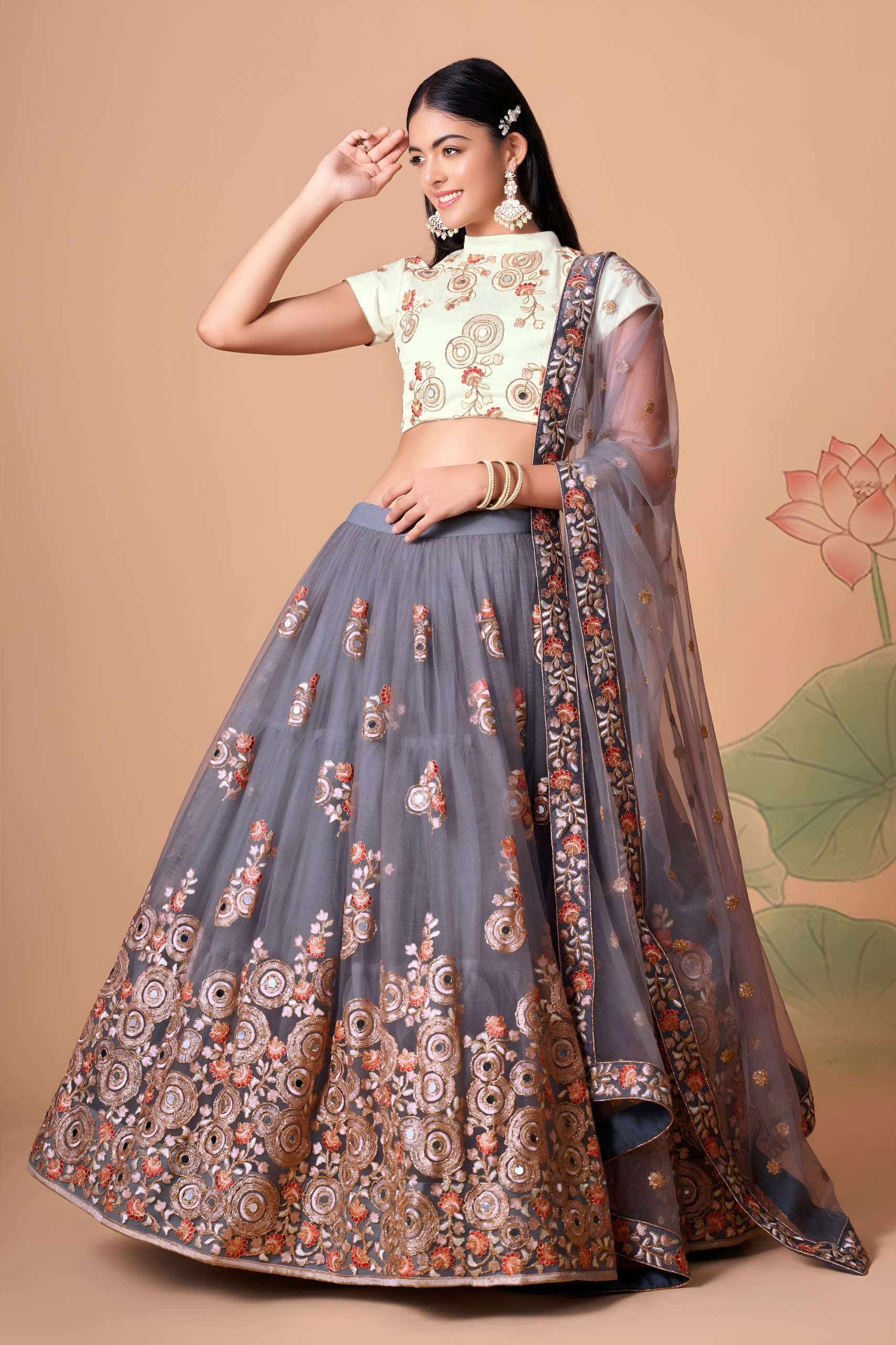 Smoky Grey & Off White colour in Soft Net fabric and Embroidered work on Lehenga Choli reseller in surat 7321 Grey Smoky Grey & Off White colour in Soft Net fabric and Embroidered work on Lehenga Choli reseller in surat 7321 Grey